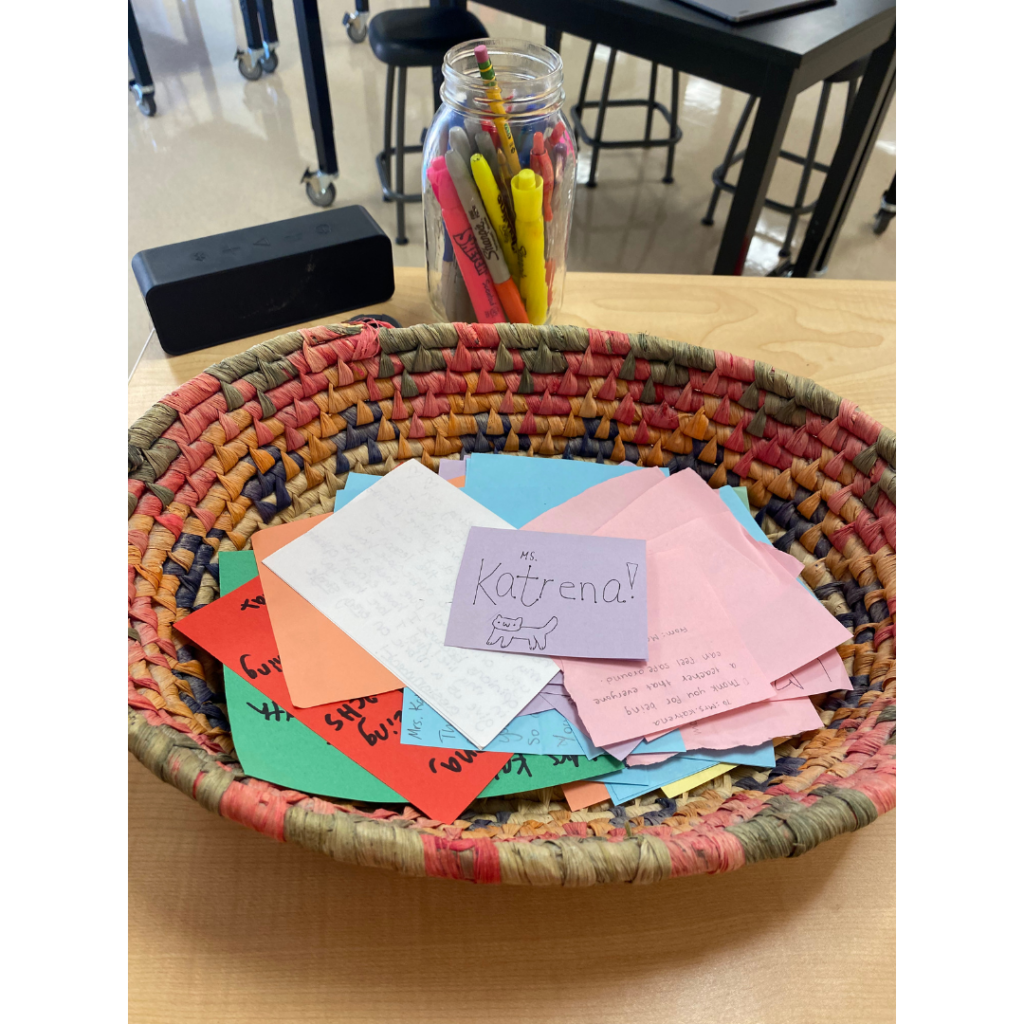 Picture of multicolored woven basket filled with thank you letters I've received.