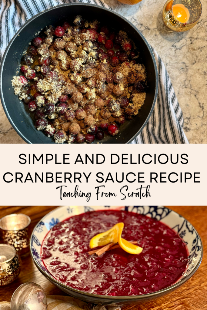 Image of sauce pan full of cranberries, ground ginger, and cinnamon on black and white striped towel on grey and white quartz counter.