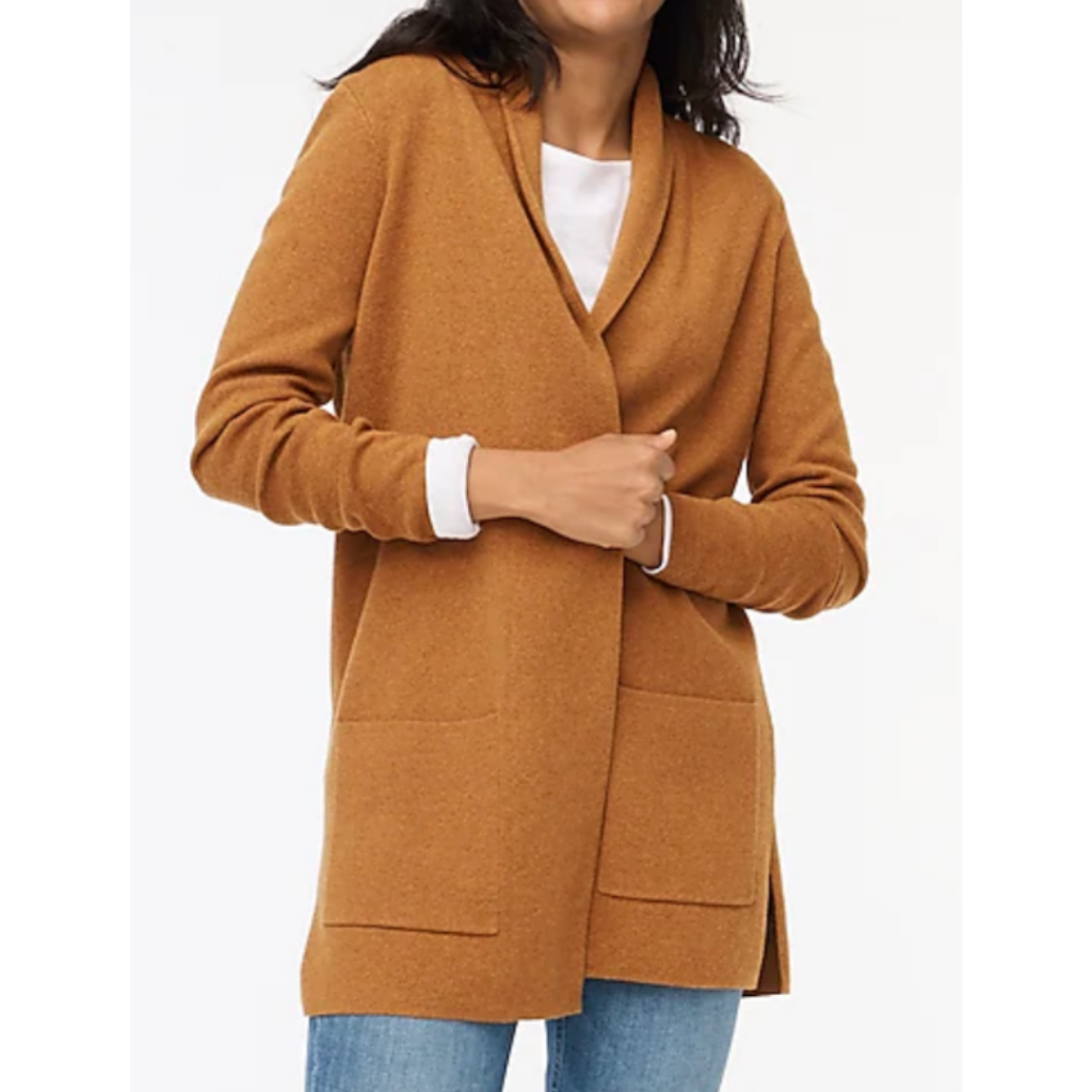 Picture of woman in camel cardigan sweater. Link included to purchase.