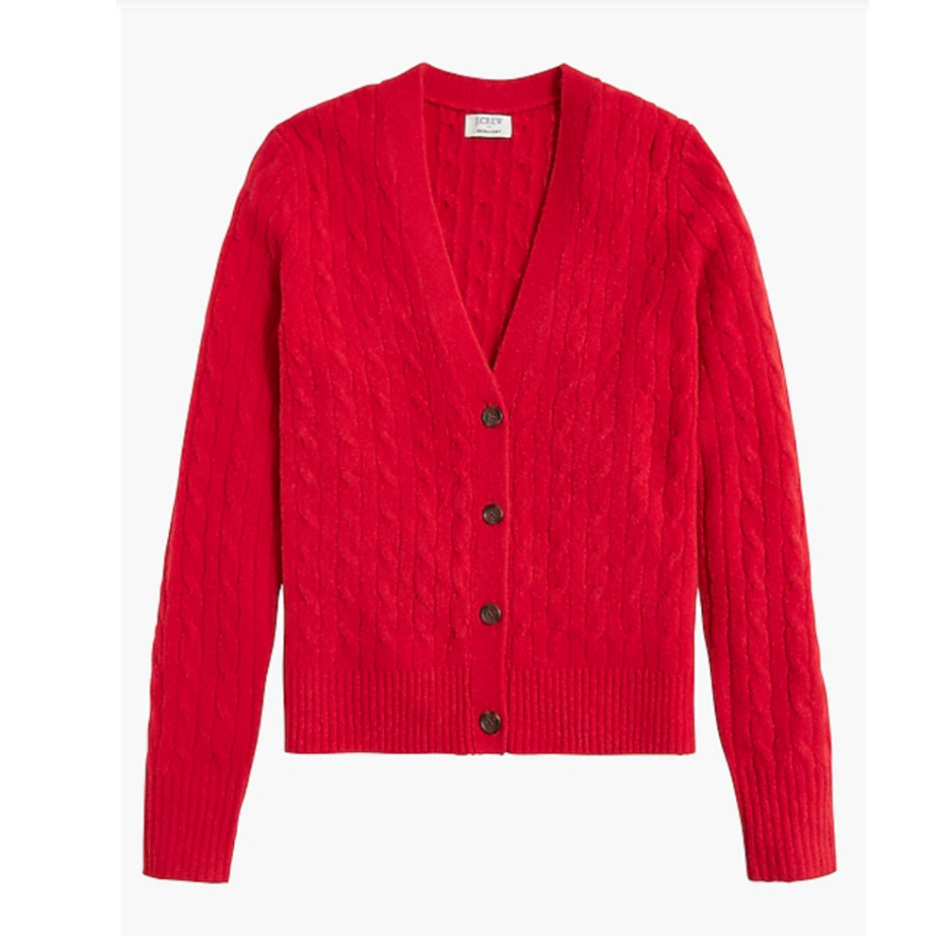 Image of red cable knit sweater with buttons. Link included to purchase.