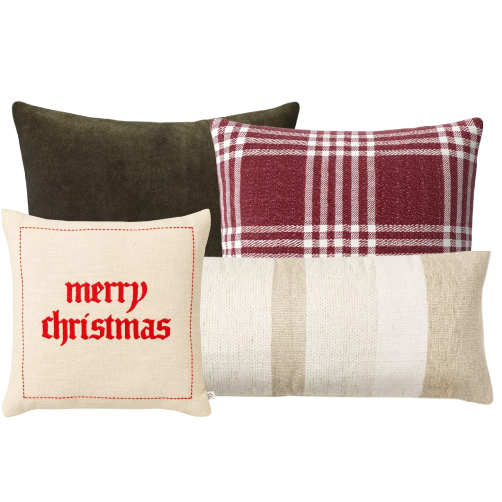 Image of four throw pillows: forest green velvet; red plaid; beige with merry Christmas embroidered; and cream and neutral striped lumbar. Links included.