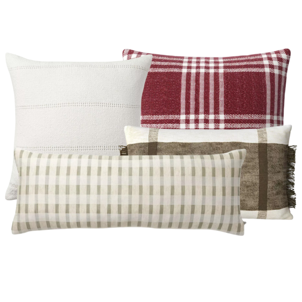 Image of four throw pillows. One cream striped stitch; one is red woven plaid; one is ivory and dark olive lumbar; and one is sage green and cream stripe. Links inlcluded.