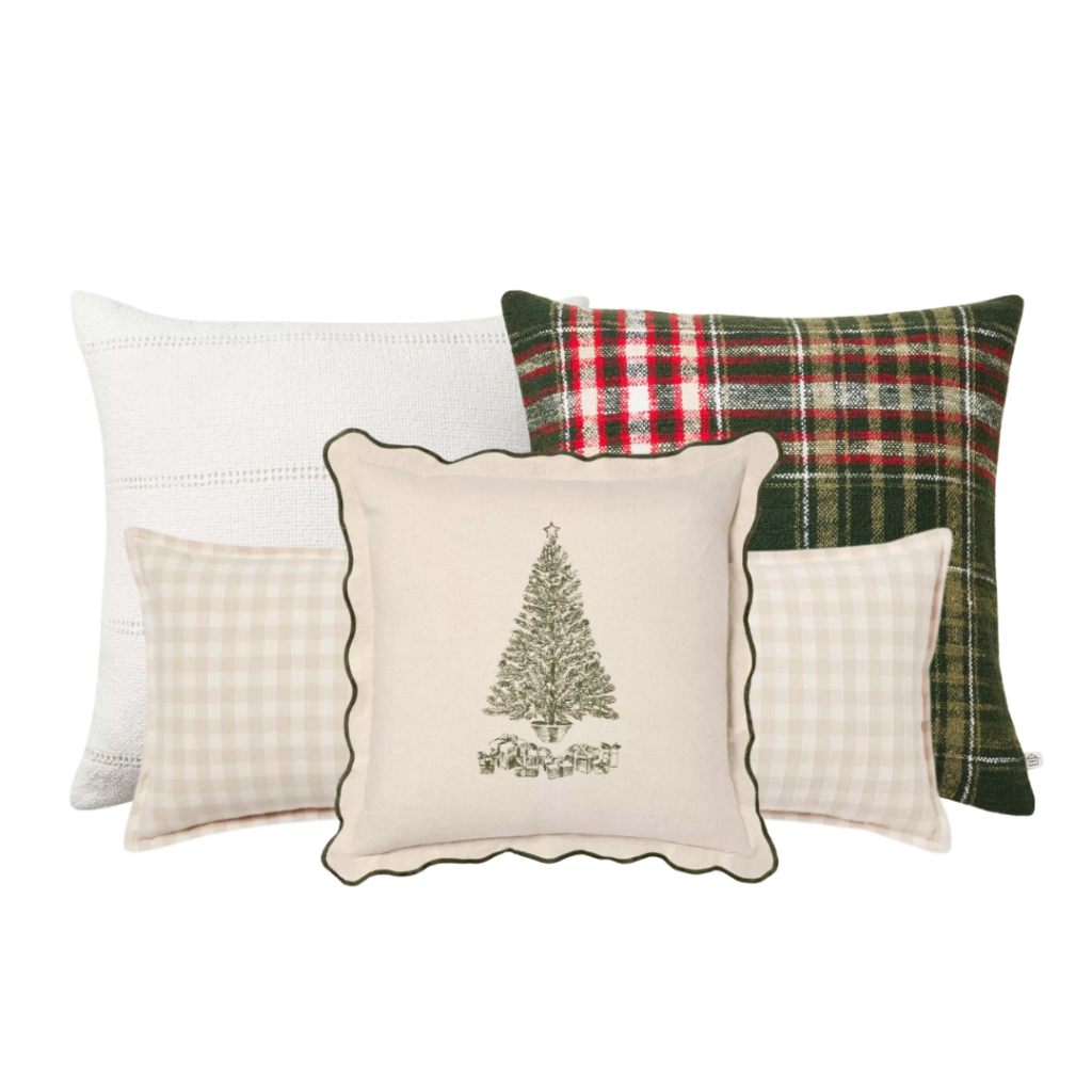 Image of four throw pillows: one is cream stitch striped; one is red and green plaid; one is gingham lumbar; and one is a beige pillow with a green tree illustration and scalloped edges. Links included.