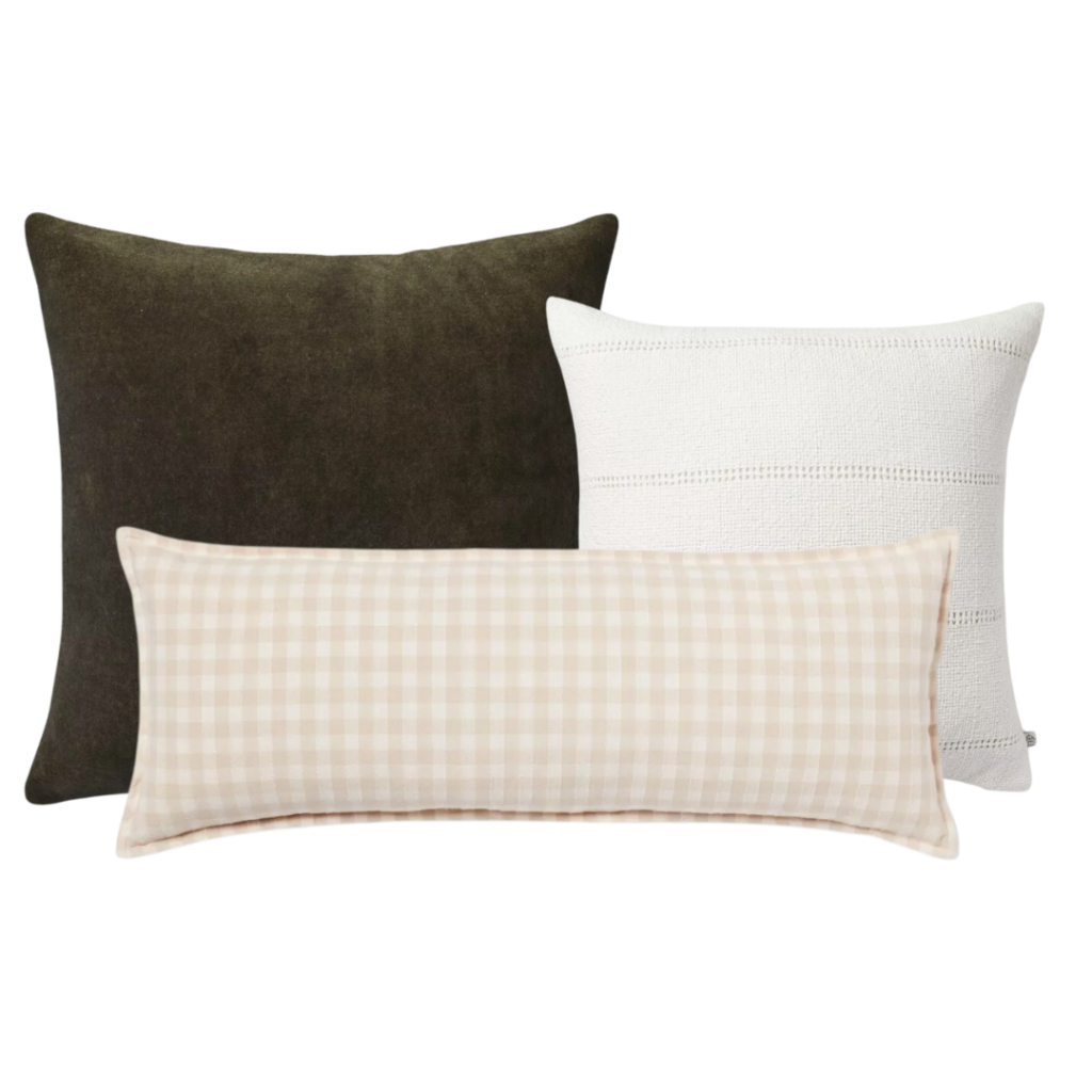 Image of three throw pillows: velvet forest green pillow; cream stitch stripe; and cream and beige gingham lumbar. Links included for purchase.