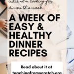 Pinterest image that says "what I'm cooking for dinner this week" a week of easy and healthy dinner recipes". Image is a woman typing at her computer with a cup of coffee.