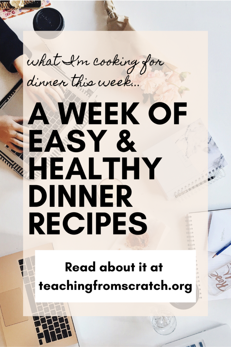 Pinterest image that says "what I'm cooking for dinner this week" a week of easy and healthy dinner recipes". Image is a woman typing at her computer with a cup of coffee.