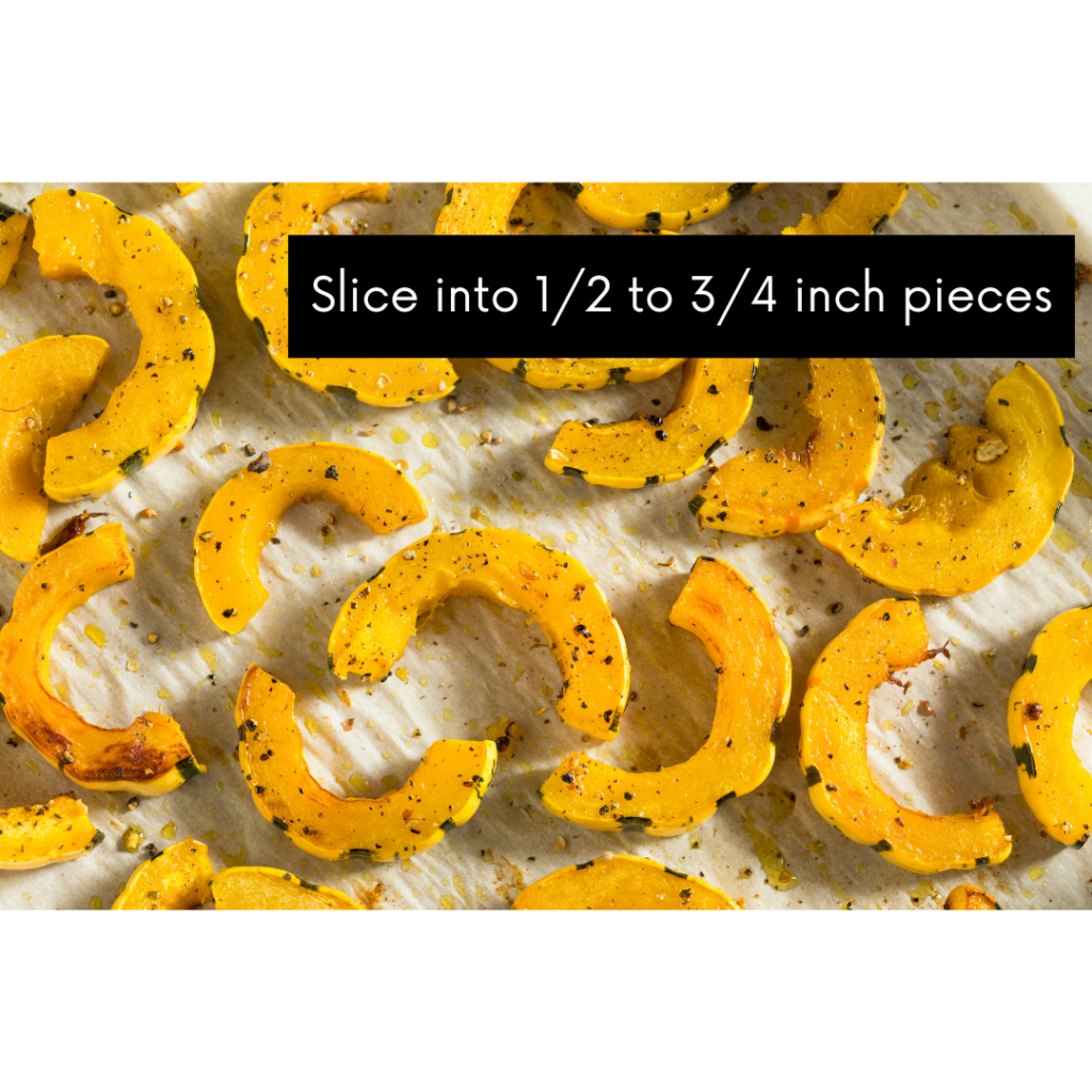 Image of sliced delicata squash. Part of easy, healthy dinner recipe. 