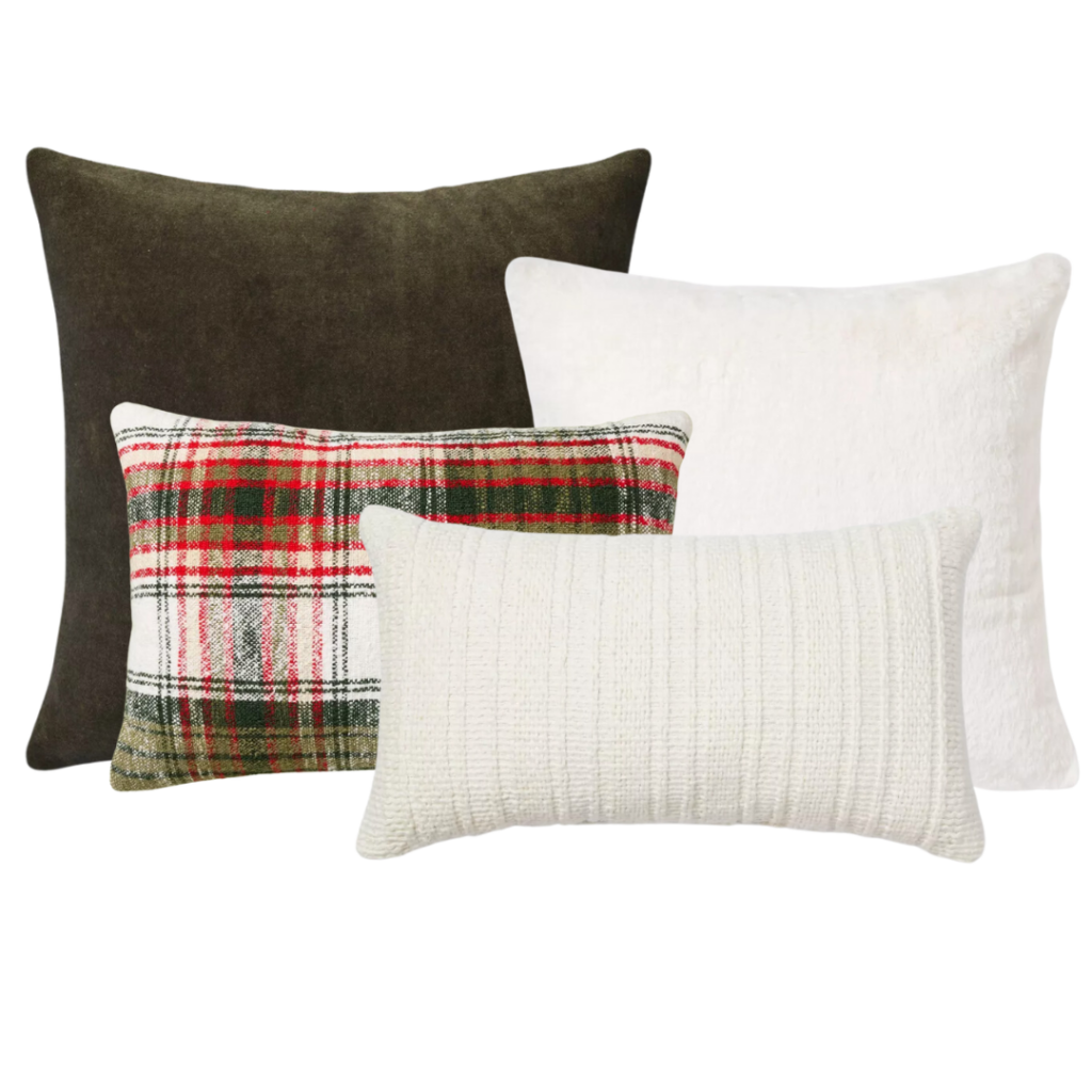 Image of four throw pillows: one velvet forest green pillow, one faux rabbit fur white throw pillow, one red and green plaid lumbar throw pillow, and one cream knit throw pillow. Links for purchase provided below.