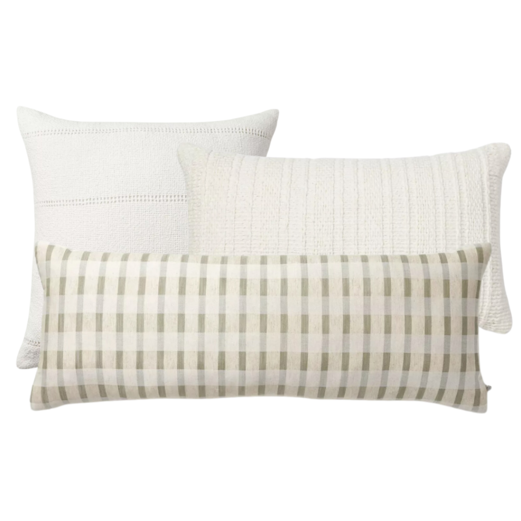 Image of three throw pillows: one cream stitch striped; one cream textured lumbar; and one sage green and cream layered stripe lumbar. Links included for all.