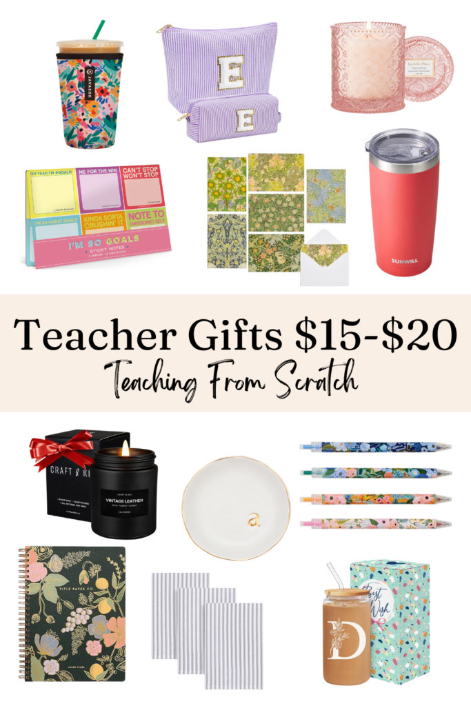 Pinnable image that says "teacher gifts $15-$20" and has images of all of the items listed below. 