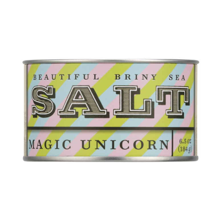 Image of salt that's called magic unicorn salt. Label is blue, pink, and green.