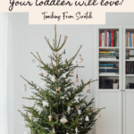 Image of pin that says "11 of the best Christmas books your toddler will love" text over image of Christmas tree next to bookshelf with books.