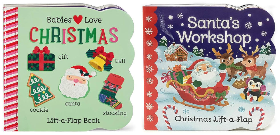 Image of two books. The book on the left is called "babies love Christmas" and it is a lift-a-flap book. Book cover has an image of a present, cookie, Santa, bell, and a stocking with a green cover and red and white stripped spine. The book on the right is called "Santa's workshop" and has a picture of Santa in his sleigh with presents and reindeers and a penguin with a gingerbread house in back. 