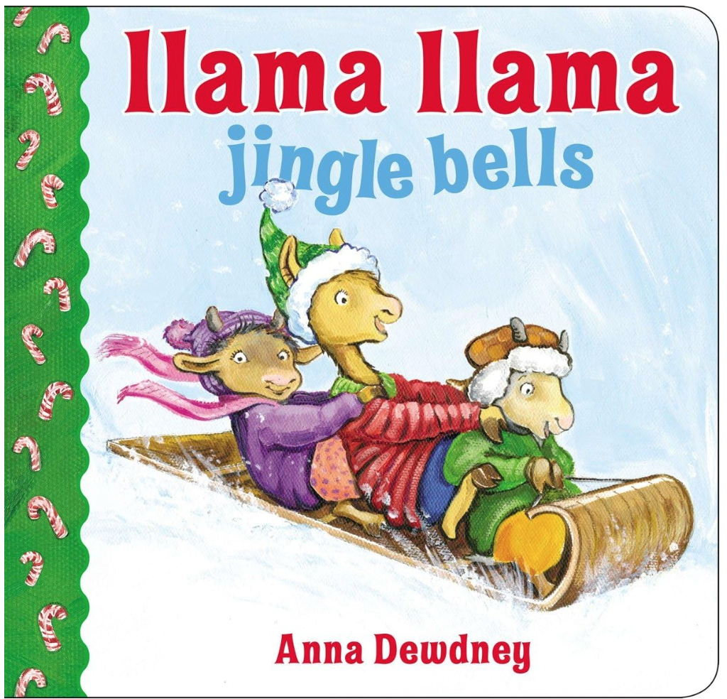 Image of book "llama llama jingle bells". Cover is of 3 llamas sledding dressed in snow clothes. Book spine is green with candy candes.