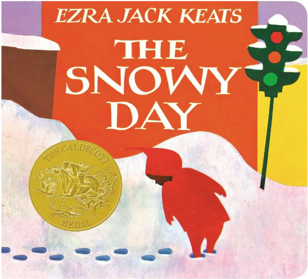 Image of book "The Snowy Day" by Ezra Jack Keats. Book cover has a little boy dressed in red walking through the snow on a street with a traffic light and buildings.