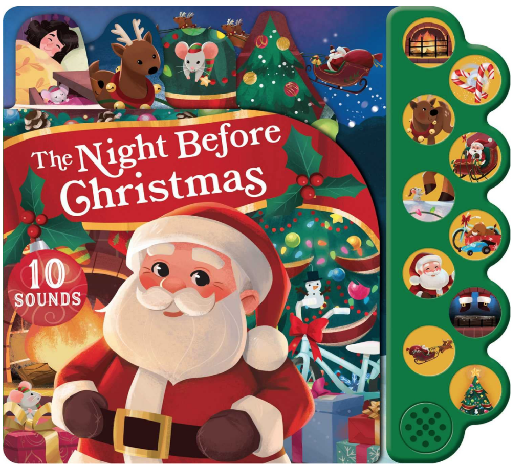 Image of book "The Night Before Christmas" with sound buttons. Cover of books has a variety of Christmas characters including rudolf, Santa, holly, a Christmas tree, presents, and a mouse.