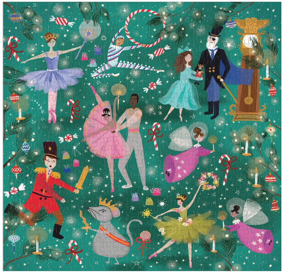 Picture of 500 piece puzzle called "Enchanted Nutcracker". Puzzle has all of the main characters from The Nutcracker in addition to objects from it with a green background. 