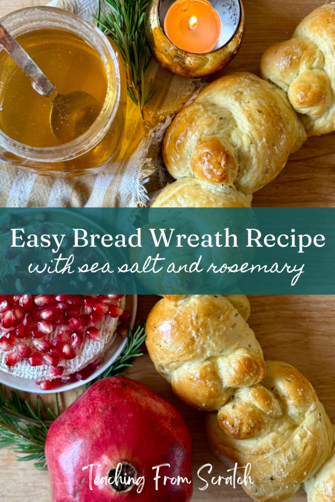 Pinnable image that says "Easy Bread Wreath Recipe with sea salt and rosemary". Image includes bread wreath recipe, glass jar of honey with silver spoon, candle in gold votive, brie with cranberries, a gingham cloth napkin, rosemary sprinkled around items and everything on a wooden cutting board.