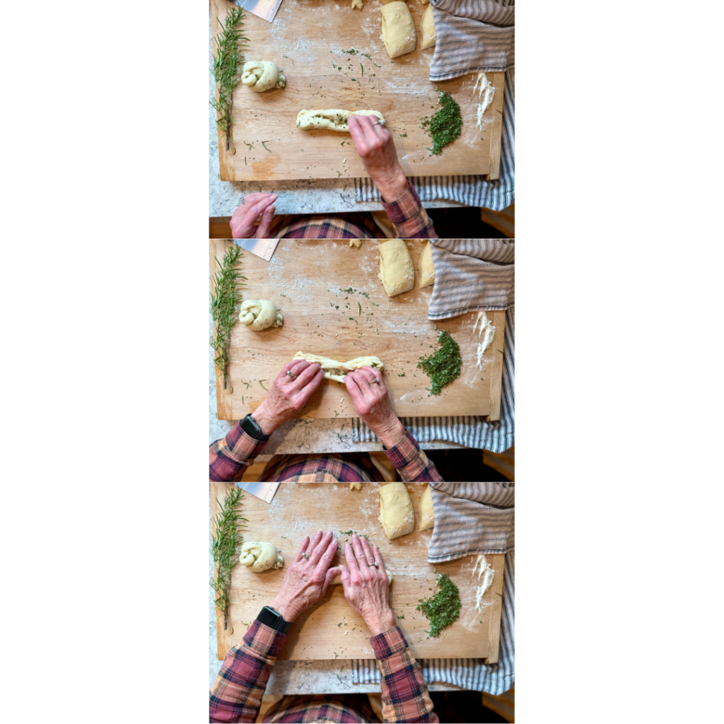 3 images that show the sequence of a woman sprinkling rosemary into her bread wreath dough and rolling it into cigar shapes. Dough is on a lightly floured wooden cutting board, surrounded by rosemary, bench knife, dough, and rosemary.