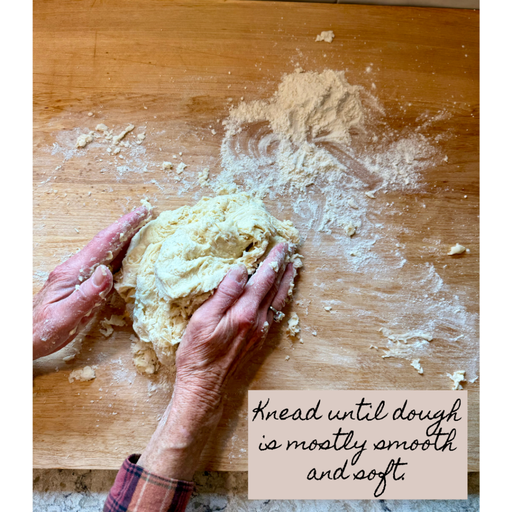 Image of women kneading bread wreath dough on lightly floured wooden cutting board. Text says "knead until dough is mostly smooth and soft."