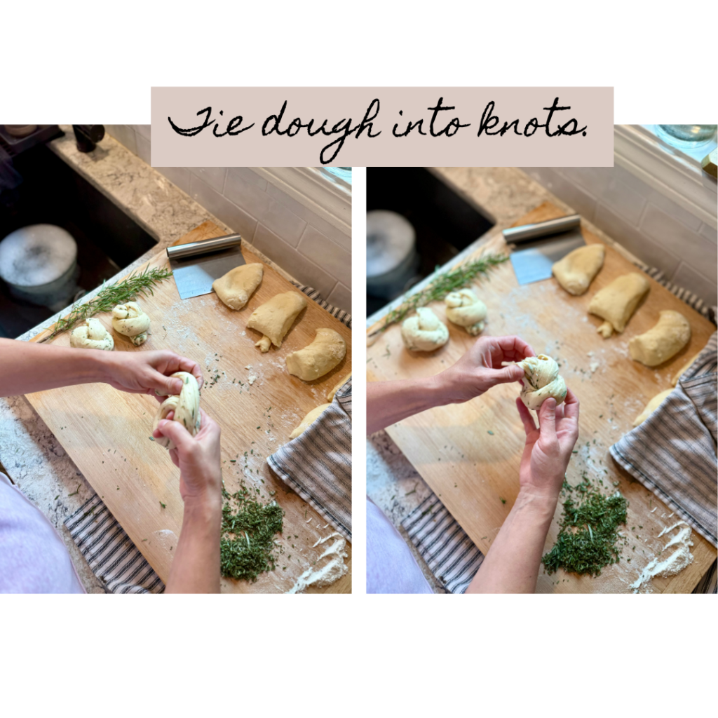 2 images of woman tying bread wreath dough into knots. Woman is working on a lightly floured wooden cutting board with dough, a bench knife, a black and white stripped dish cloth, and rosemary.