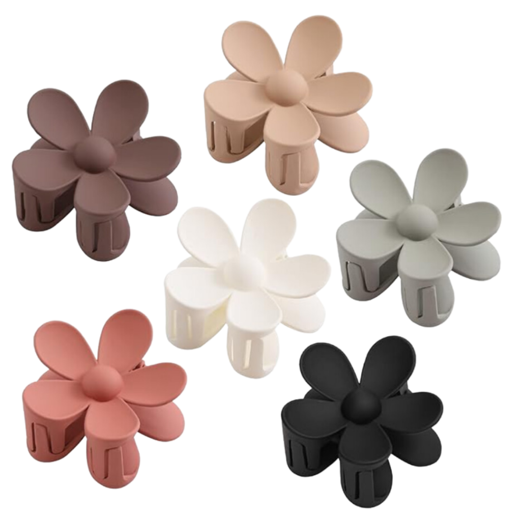  Image of 6 daisy hair clips in mauve, light pink, powder blue, white, pink, and black. Link provided for purchase.