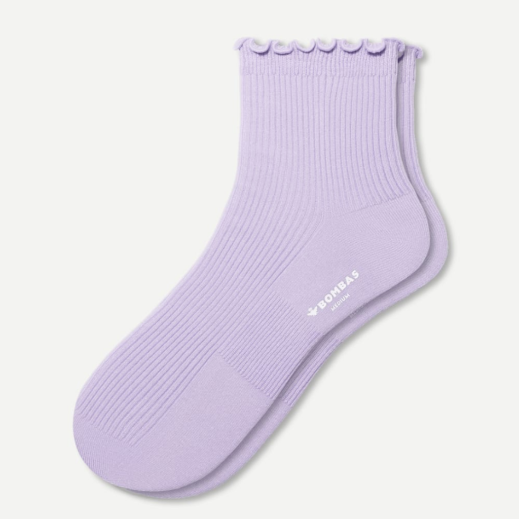 image of lavender frilly crew socks. These are a gift idea. Link is provided below for purchase.