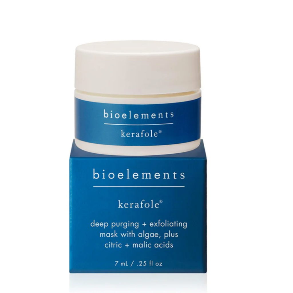 Image of bioelements kerafole face mask in white container with blue label. Container is sitting on blue box.