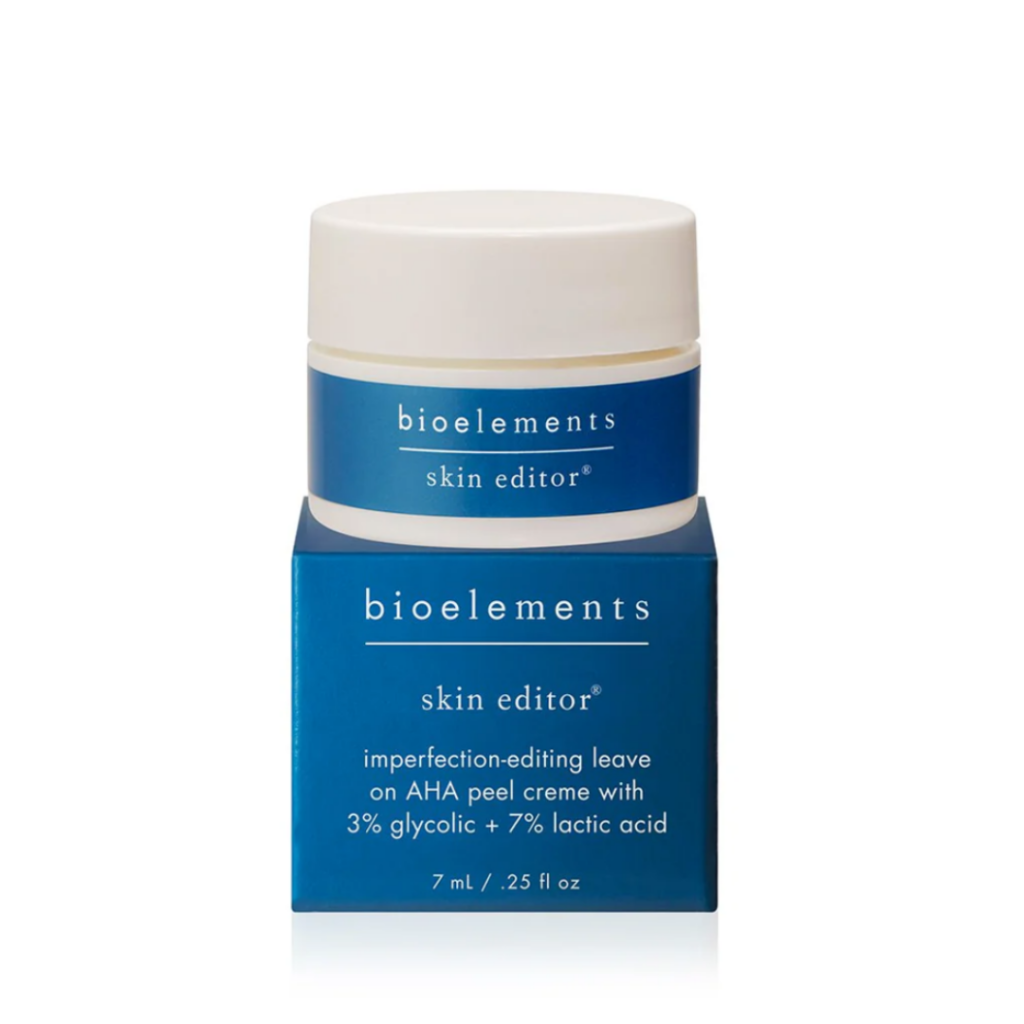 Image of Bioelements Skin Editor product in a blue container, sitting on top of a blue box. Link is provided below for purchase.