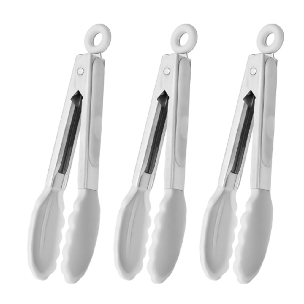 Image of 3 metal tongs with silicone ends as a gift idea for a favorite things party. Link for purchase is included below. 