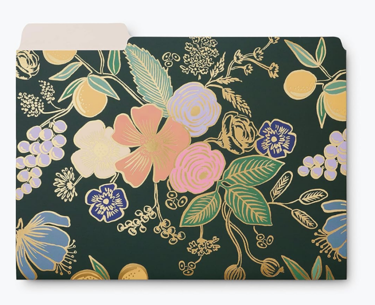 Image of office folders in flower print. 