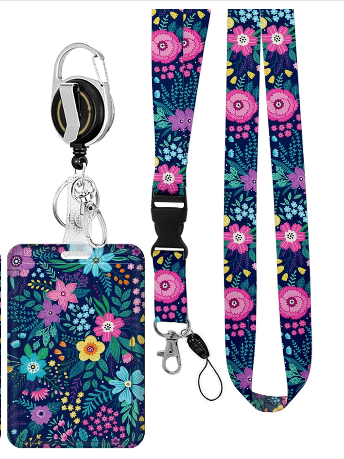 Image of lanyard and badge in flower pattern.