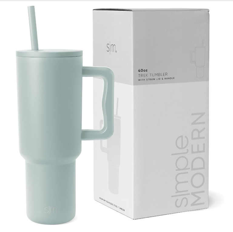 Image of sea foam green water bottle with handle and straw.