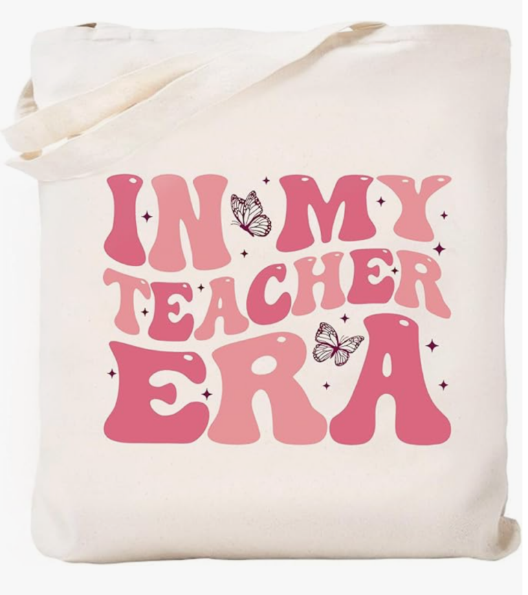 Image of canvas tote bag that says "in my teacher era".