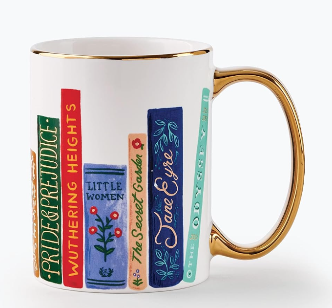 Image of coffee mug with books by Jane Austen and gold handle. 