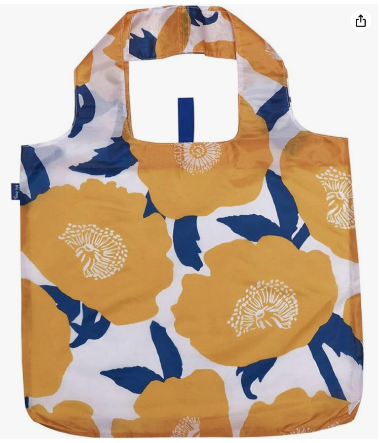 Image of reusable bag with blue and orange flower pattern.