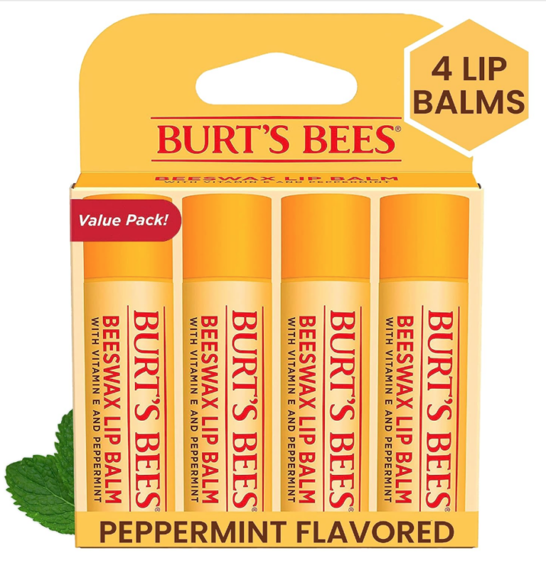 Image of box of 4 pack of burt's bees lip balm. 