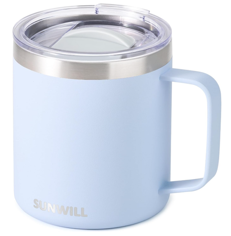 Image of powder blue travel mug. 