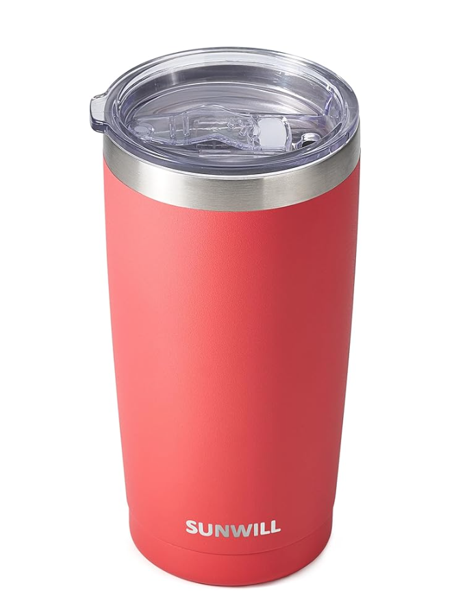 Image of coral colored coffee tumbler.