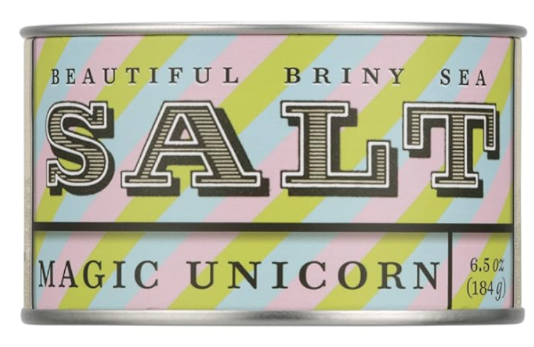 Image of Beautiful Bring Sea Salt in Magic Unicorn can as a gift ideas for a favorite things party. Label is pink, blue, and green striped.