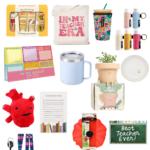 Pinnable image that says "42 teacher gift ideas" and has images of gifts featured in this post.