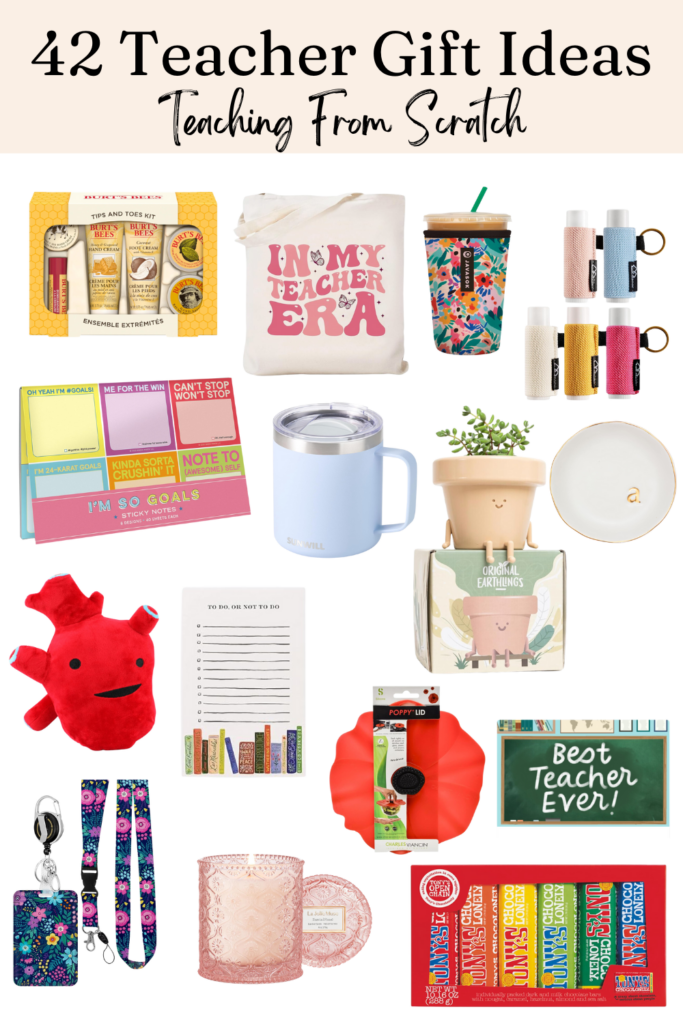 Pinnable image that says 42 teacher gift ideas" with images of unique teacher gifts that are listed below.