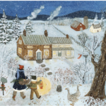 Image of puzzle. Puzzle is of child and mother walking through a snow field in the country towards a house. The landscape has trees, a fence, a barn and other house, geese, a mailbox, and tree.