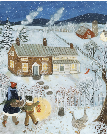 Image of puzzle. Puzzle is of child and mother walking through a snow field in the country towards a house. The landscape has trees, a fence, a barn and other house, geese, a mailbox, and tree.