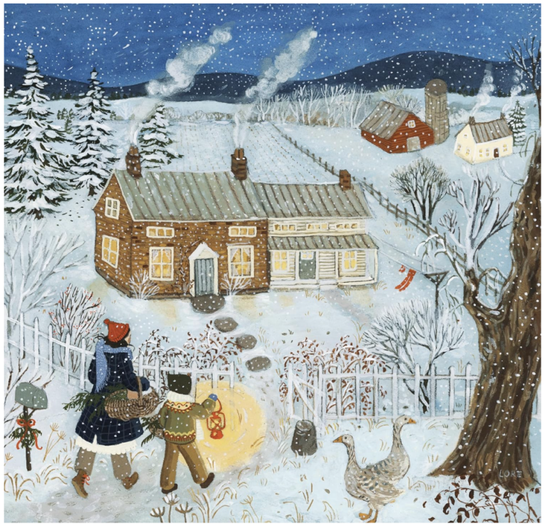 Image of puzzle. Puzzle is of child and mother walking through a snow field in the country towards a house. The landscape has trees, a fence, a barn and other house, geese, a mailbox, and tree.