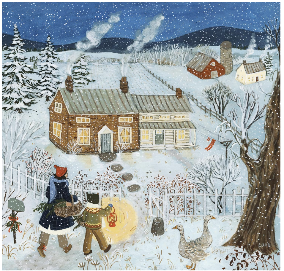 Image of puzzle. Puzzle is of child and mother walking through a snow field in the country towards a house. The landscape has trees, a fence, a barn and other house, geese, a mailbox, and tree. 