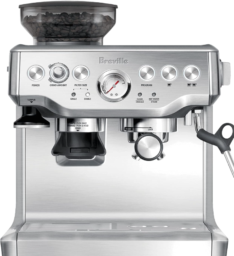 Amazon household essentials. Image of a silver Breville espresso machine. 