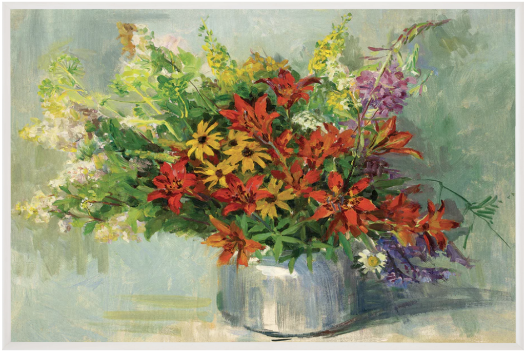 art print aesthetic. Print of painting of colorful wild flowers (reds, whites, yellows, purples, and greens) in blue vase with blue background.