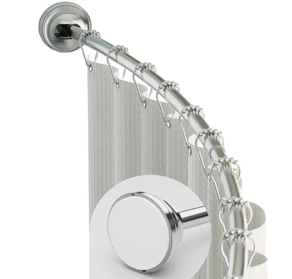 Basic household essentials list. Image of silver curved shower curtain rod with white shower curtain attached.