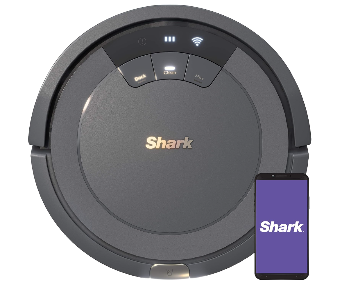 Best household cleaning products. Image of black Shark robot vacuum and iPhone with purple screen that says "Shark". 